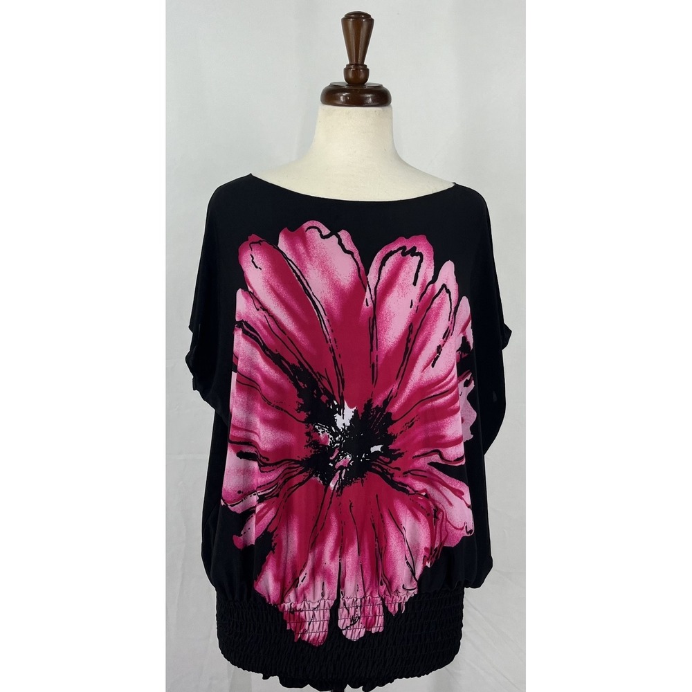 Isabella Rodriguez Women Black Pink Flower Boat Neck Dolman Sleeve Smocked Top M